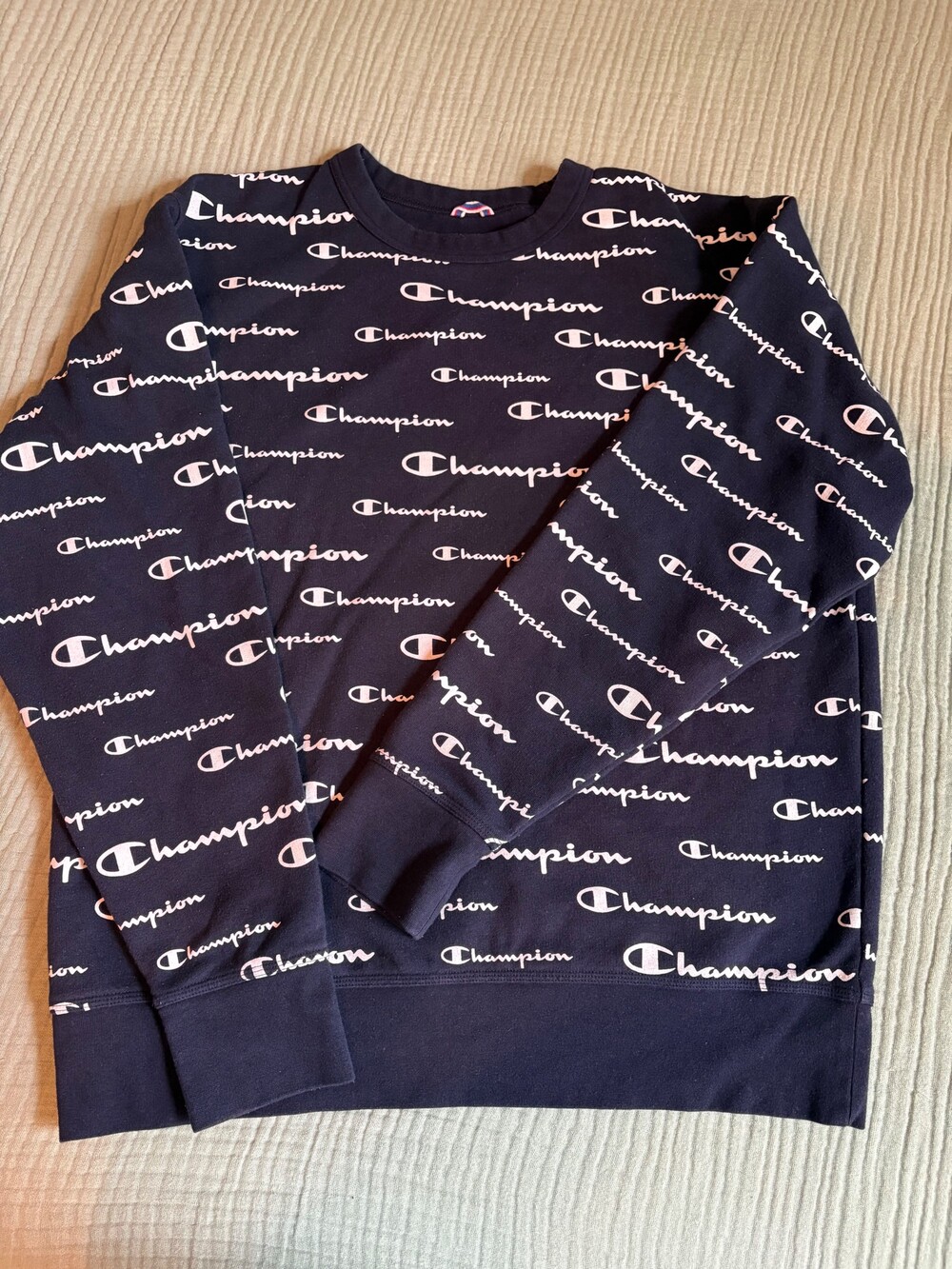 Champion Men’s Large Navy Blue All Over Logo Crewneck Sweatshirt
